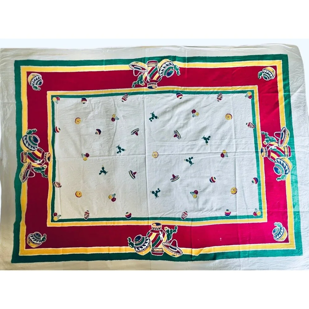 Southwestern Tablecloth 63” x 49” VTG With Red Green Yellow & Blue Stripes - Picture 2 of 16